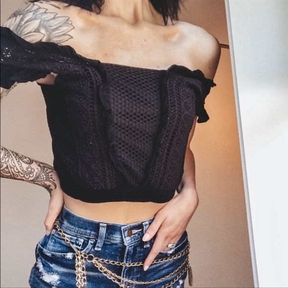 Willow & Root / Buckle | Mesh Tank Top Crop Lace Crochet Off Shoulder Black - Picture 3 of 14